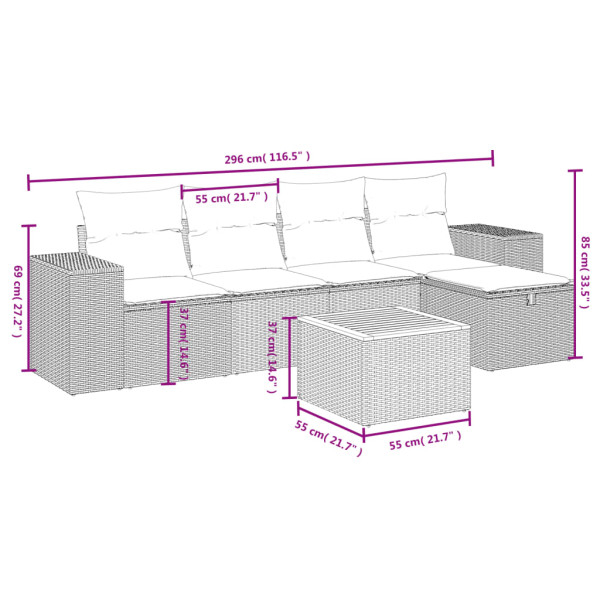6 pcs conjunto sofás de jardim com almofadões vime cinzento M 3