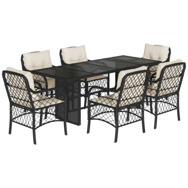 Set de comedor de jardín 7 pzas y cojines ratán sintético negro M 2