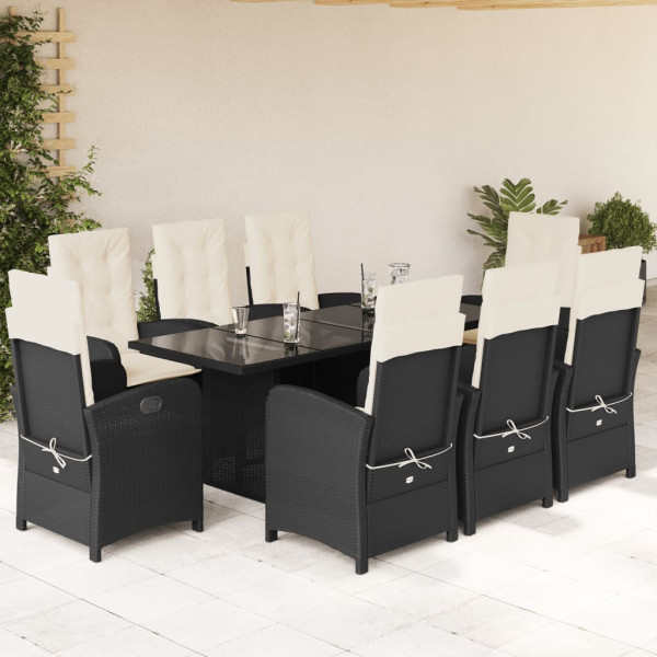 Set de comedor de jardín 9 pzas y cojines ratán sintético negro D