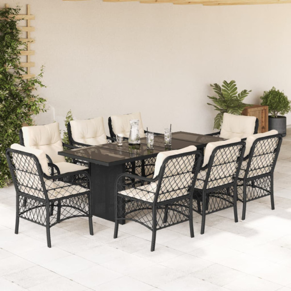 Set de comedor de jardín 9 pzas y cojines ratán sintético negro D