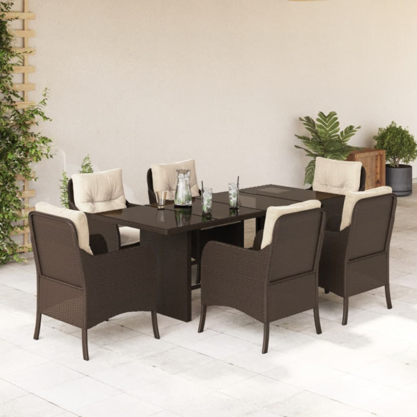 Set comedor de jardín 7 pzas con cojines ratán sintético marrón D