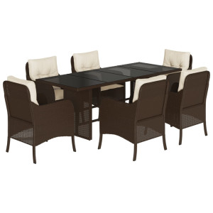 Set comedor de jardín 7 pzas con cojines ratán sintético marrón H