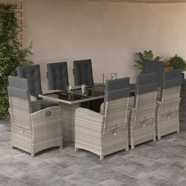 Set comedor de jardín 9 pzas cojines ratán sintético gris claro D