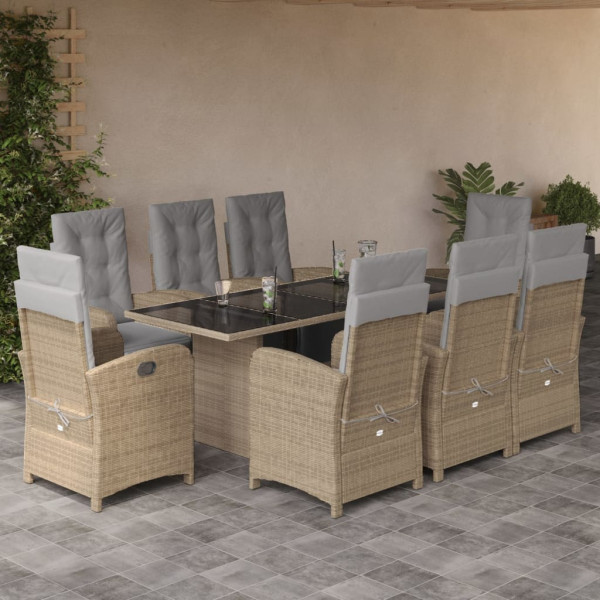 Set comedor de jardín 9 pzas con cojines ratán sintético beige D