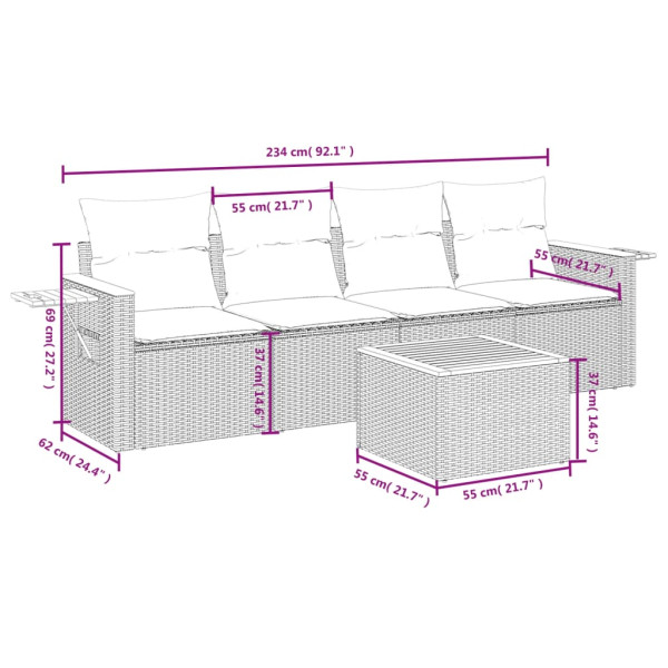 5 pcs conjunto sofás de jardim com almofadões vime PE preto M 3