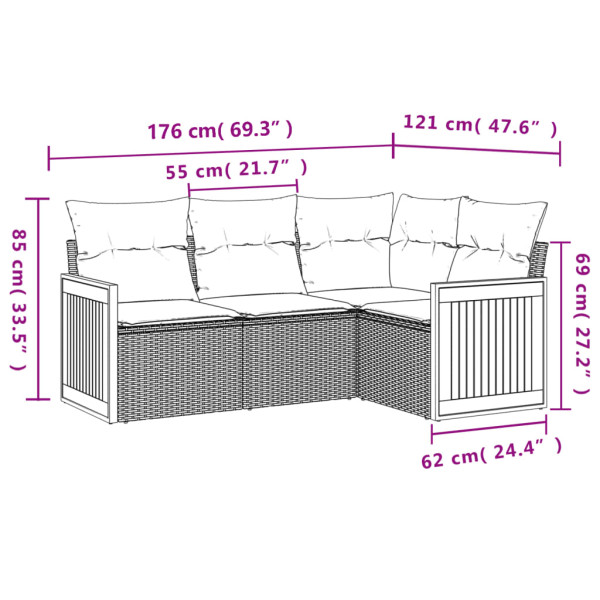 5 pcs conjunto sofás de jardim com almofadões vime PE preto M 3