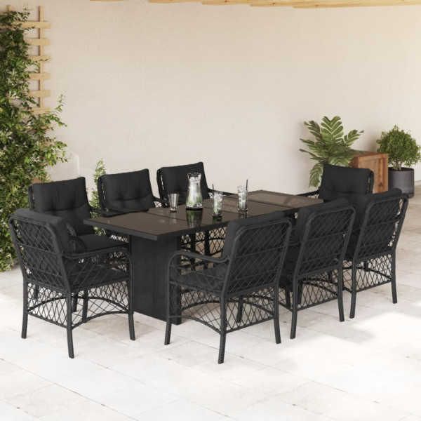 9 pcs conjunto de jantar p/ jardim c/ almofadões vime PE preto D