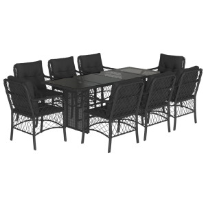 Set de comedor de jardín 9 pzas y cojines ratán sintético negro H
