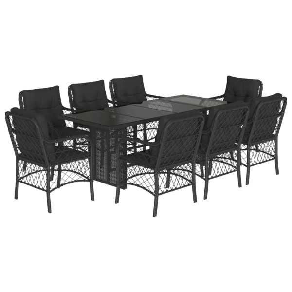 9 pcs conjunto de jantar p/ jardim c/ almofadões vime PE preto M 2