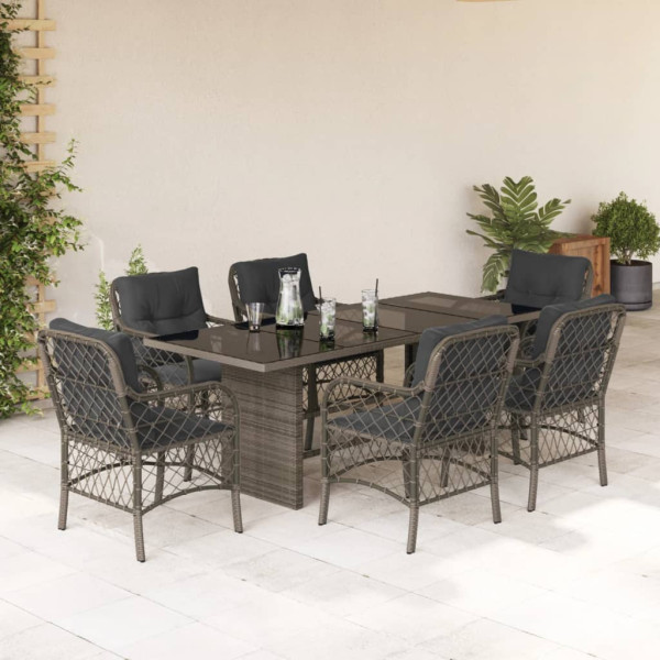 Set comedor jardín 7 pzas y cojines ratán sintético gris D