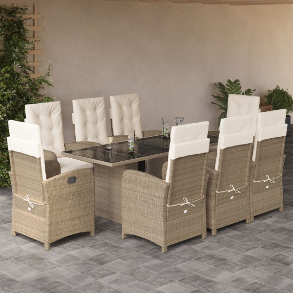Set comedor de jardín 9 pzas con cojines ratán sintético beige D