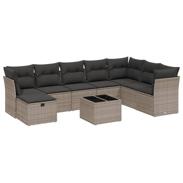 9 pcs conjunto sofás p/ jardim com almofadões vime PE cinzento M 2