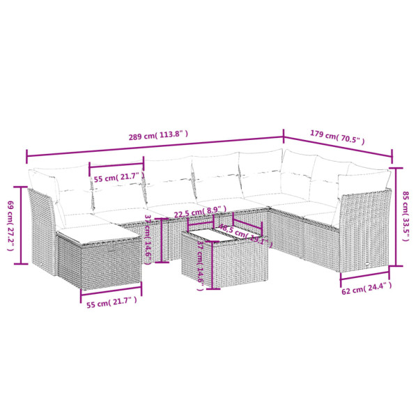Set de muebles de jardín 9 pzas y cojines ratán sintético gris M 3