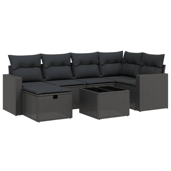 7 pcs conjunto de sofás p/ jardim c/ almofadões vime PE preto M 2