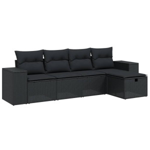 5 pcs conjunto sofás de jardim com almofadões vime PE preto H