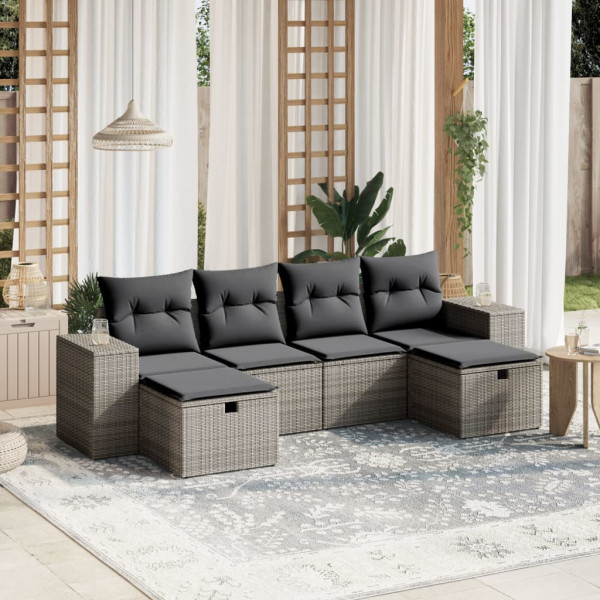 6 pcs conjunto sofás de jardim com almofadões vime cinzento D