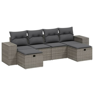 6 pcs conjunto sofás de jardim com almofadões vime cinzento H