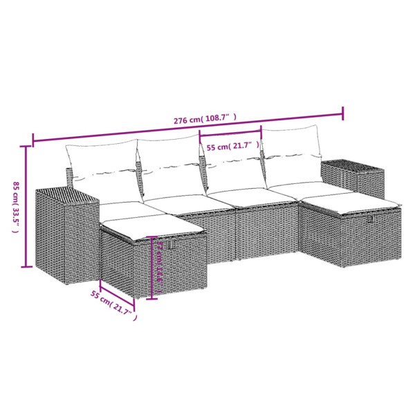 Set de muebles de jardín 6 pzas y cojines ratán sintético gris M 3