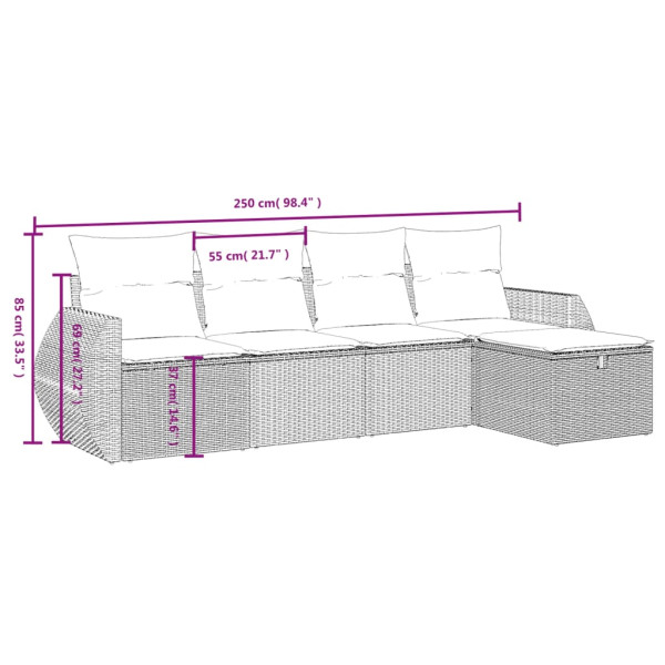 5 pcs conjunto sofás de jardim com almofadões vime PE preto M 3
