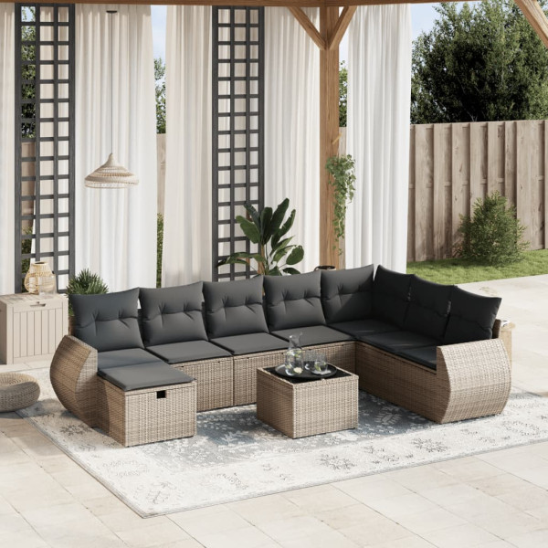 9 pcs conjunto sofás p/ jardim com almofadões vime PE cinzento D