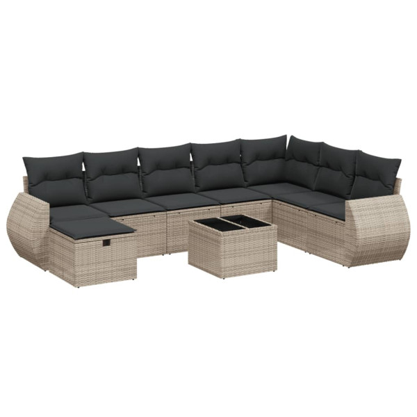 Set de muebles de jardín 9 pzas y cojines ratán sintético gris M 2