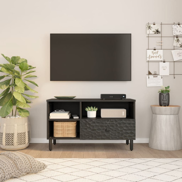 Mueble de TV madera maciza de mango negro 80x33x46 cm M 2