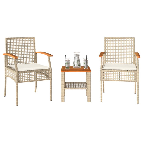 Mesita y sillas con cojines 3 pzas ratán PE madera acacia beige D