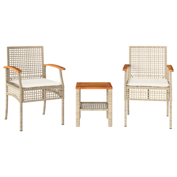 Conjunto de bistrô com almofadões 3 pcs vime PE e acácia bege M 2