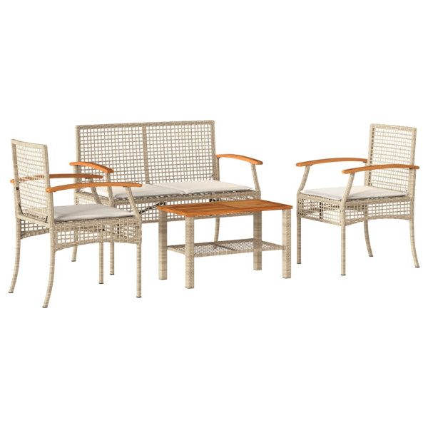 4 pcs conjunto lounge de jardim c/ almofadões vime PE bege M 2