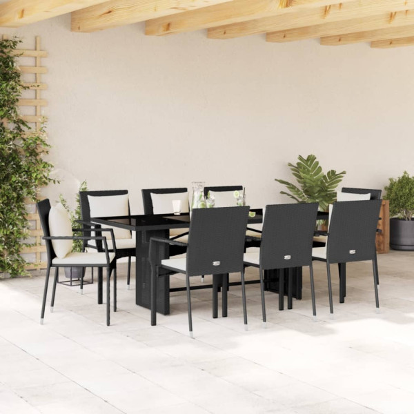 Set de comedor de jardín 9 pzas y cojines ratán sintético negro D