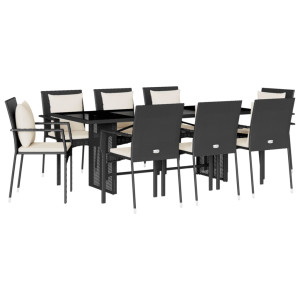 Set de comedor de jardín 9 pzas y cojines ratán sintético negro H