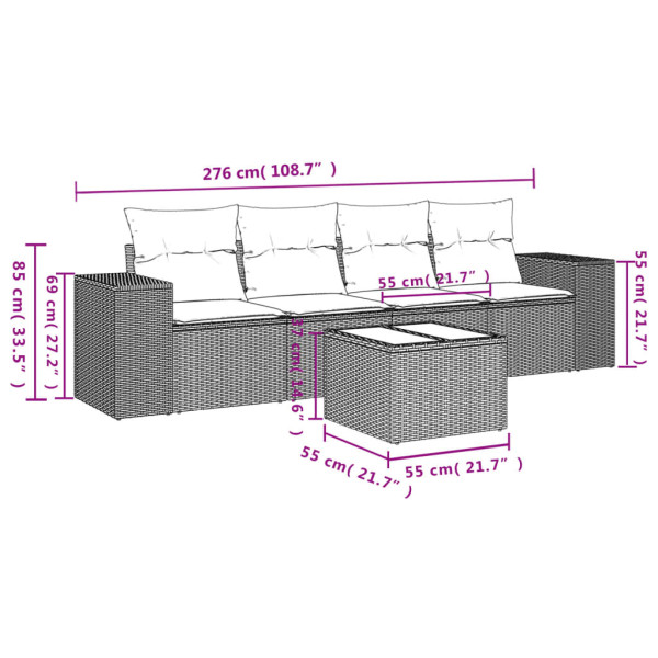 Set de muebles de jardín 5 pzas y cojines ratán sintético negro M 3