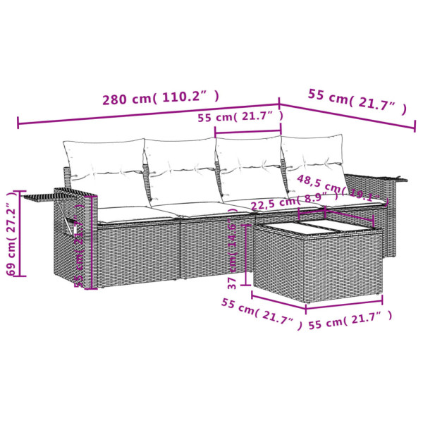 5 pcs conjunto sofás de jardim com almofadões vime PE preto M 3