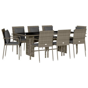 Set comedor jardín 9 pzas y cojines ratán sintético gris H