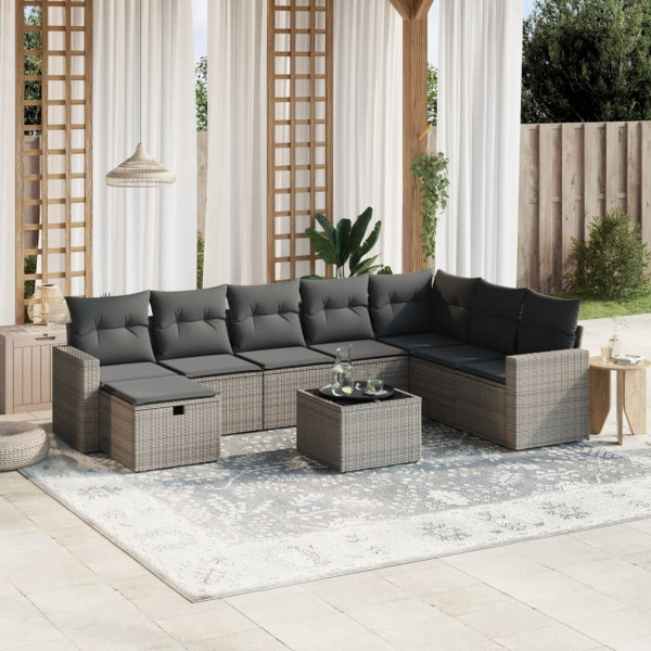 Set de muebles de jardín 9 pzas y cojines ratán sintético gris D