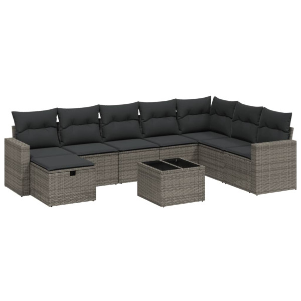 Set de muebles de jardín 9 pzas y cojines ratán sintético gris M 2