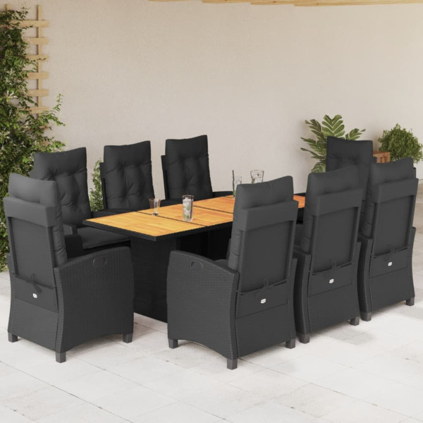 Set de comedor de jardín 9 pzas y cojines ratán sintético negro D