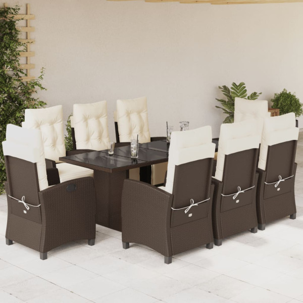 Set comedor para jardín 9 pzas y cojines ratán sintético marrón D