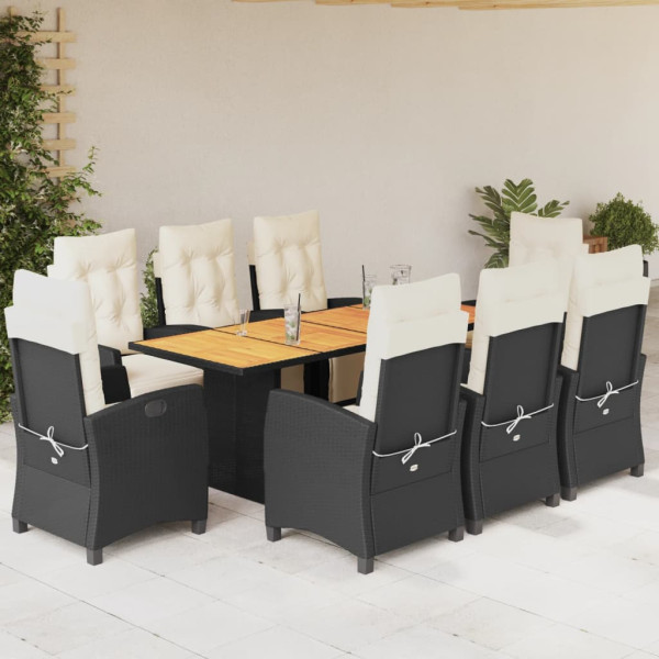 Set de comedor de jardín 9 pzas y cojines ratán sintético negro D