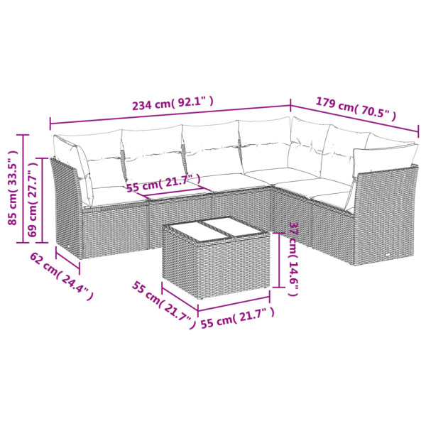 Set de comedor de jardín 7 pzas y cojines ratán sintético negro M 3