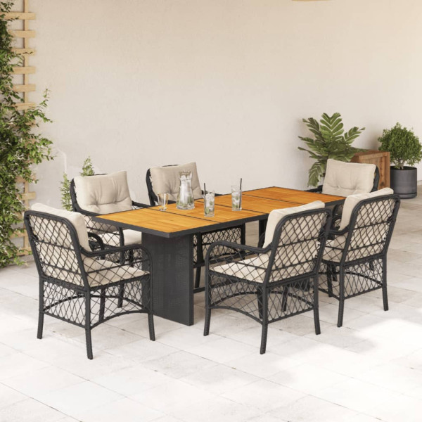 Set de comedor de jardín 7 pzas y cojines ratán sintético negro D