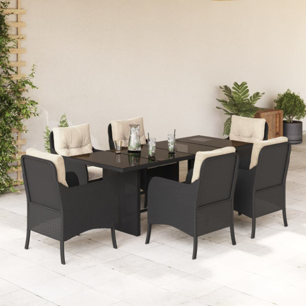7 pcs conjunto de jantar p/ jardim c/ almofadões vime PE preto D