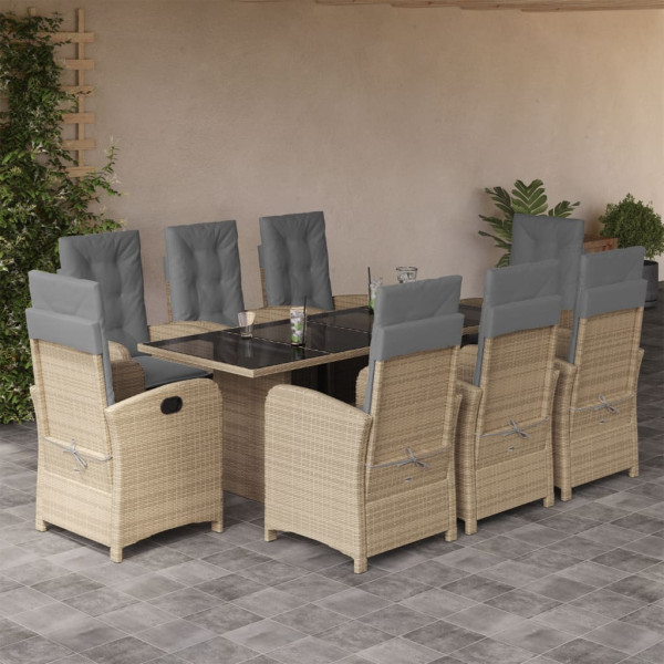 9 pcs conj. jantar jardim c/ almofadões vime PE bege misturado D