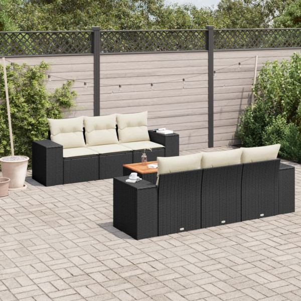 7 pcs conjunto de sofás p/ jardim c/ almofadões vime PE preto D