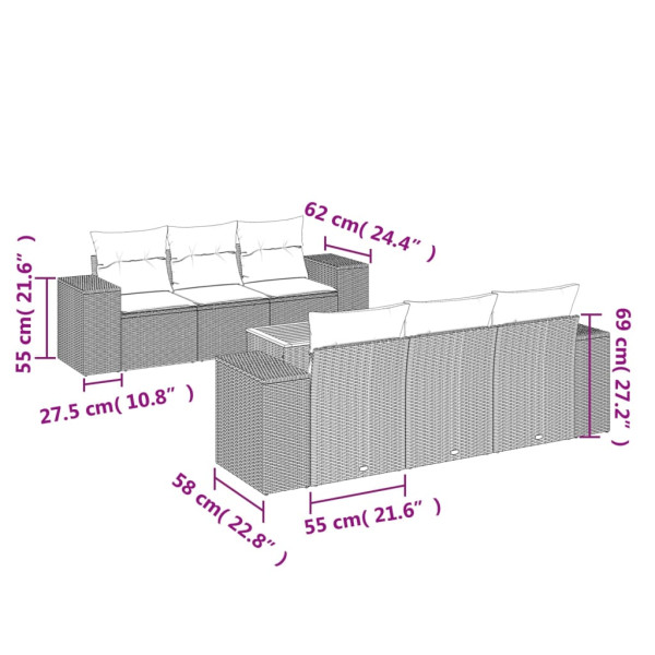 7 pcs conjunto de sofás p/ jardim c/ almofadões vime PE preto M 3