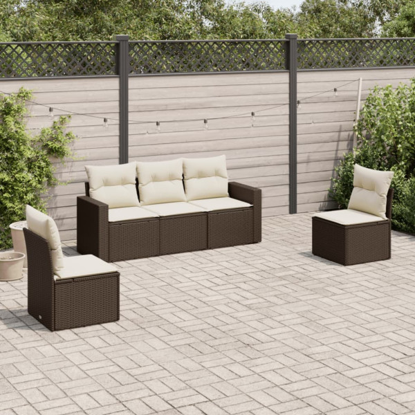 5 pcs conjunto sofás p/ jardim c/ almofadões vime PE castanho D