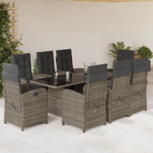 9 pcs conjunto de jantar p/ jardim c/ almofadões vime PE cinza D