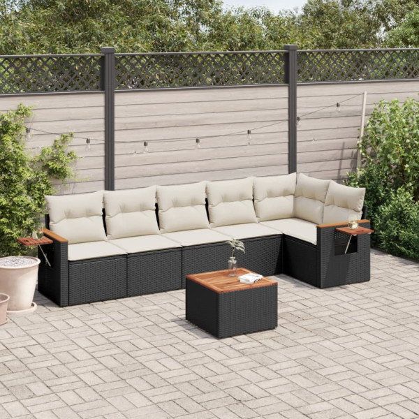 7 pcs conjunto de sofás p/ jardim c/ almofadões vime PE preto D