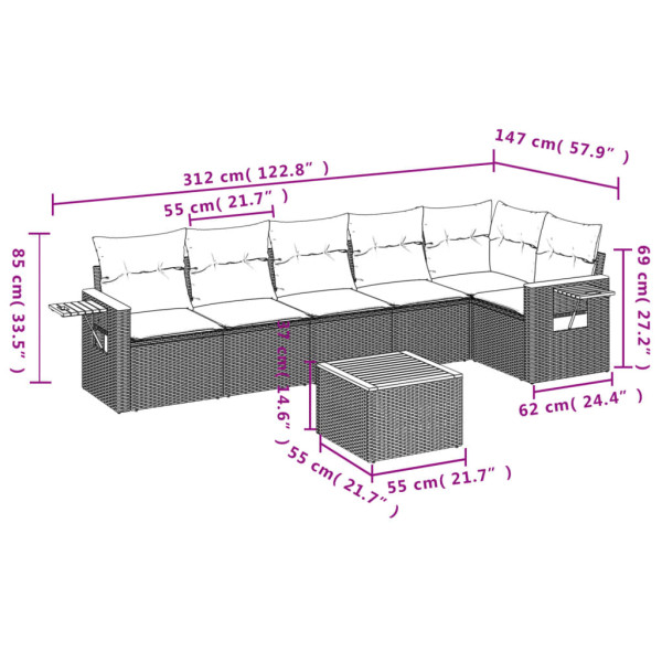 Set de comedor de jardín 7 pzas y cojines ratán sintético negro M 3