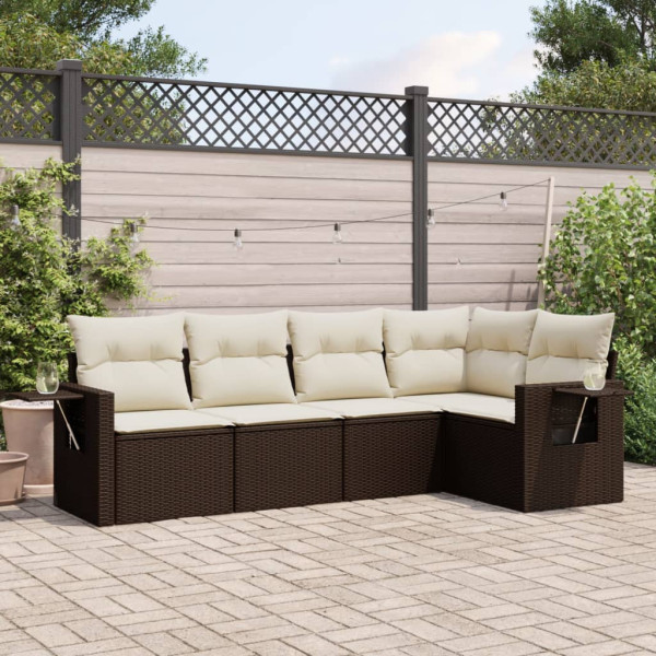 5 pcs conjunto sofás p/ jardim c/ almofadões vime PE castanho D